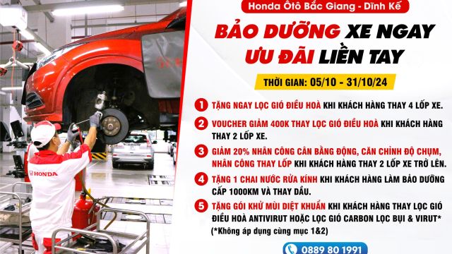 BẢO DƯỠNG XE NGAY - ƯU ĐÃI LIỀN TAY | Khuyến mại dịch vụ Honda Ôtô Bắc Giang